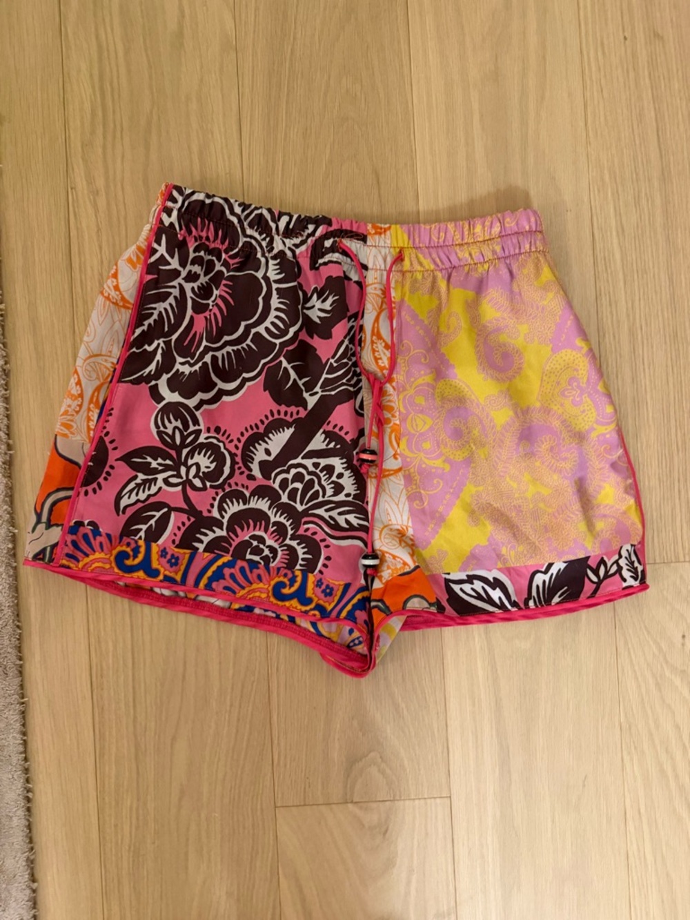 Zara Patchwork-Style Silk Like Shorts in Orange & Pink